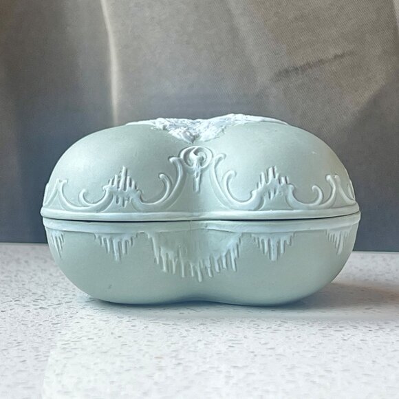 Antique Shafer & Vater Jasperware Heart Trinket Ring Box Courting Couple Grn W - Picture 5 of 13
